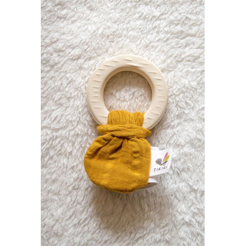 Natural Rubber Teether with a Mustard Muslin Tie